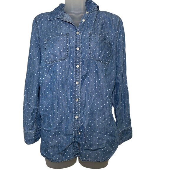 Talbots Chambray Denim Shirt Women’s Medium Blue White Heart Polka Dot Button - Picture 7 of 7